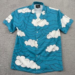 Steady Hands Button Down Shirt Mens Medium Blue Cloud Wave Rayon Camp Collar Top